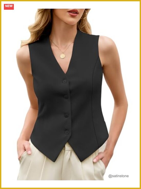 Jackets & Blazers - Sleeveless V Neck Button Down Summer Vest Business Casual Fitted Waistcoat